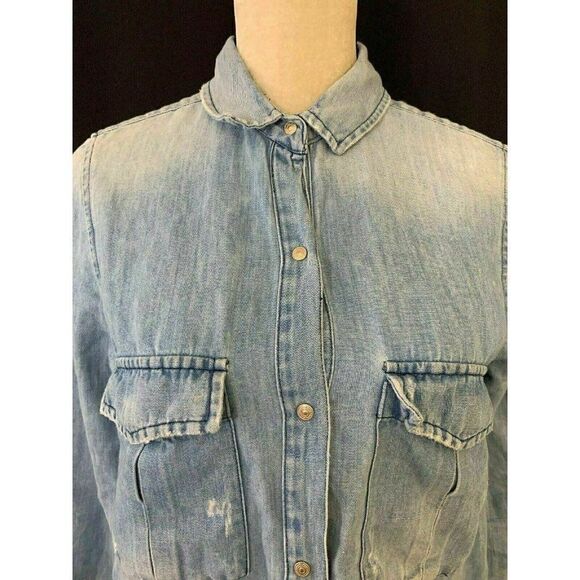 Zara Womens Solid Light Blue Long Sleeve Denim Jean Button Down Jacket Medium - Picture 2 of 8